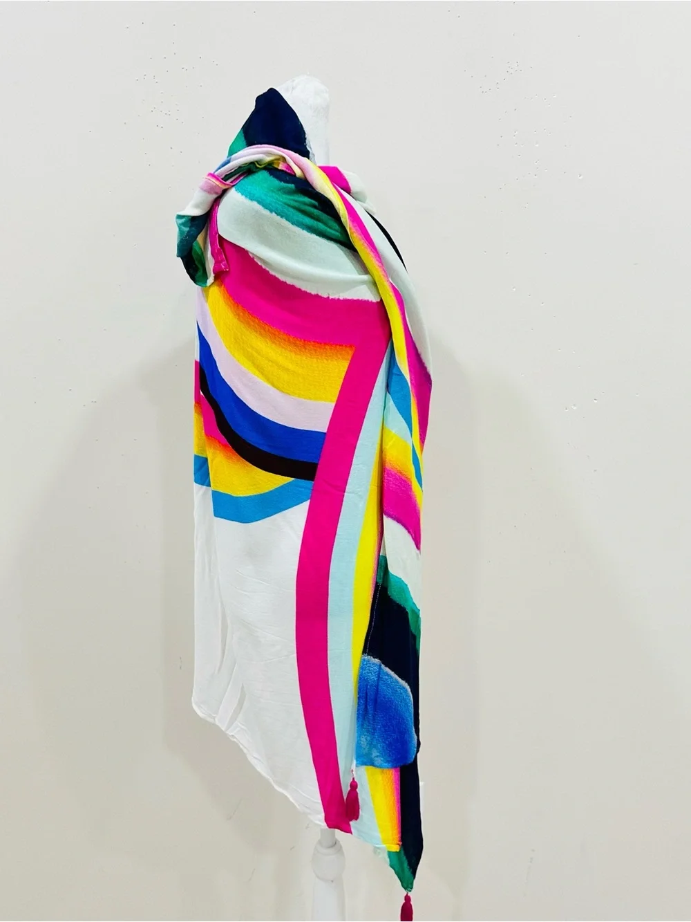 Vibrant Rainbow Stripe Poncho Swim Cover Up Beach Sarong Caftan Wrap Tassels OS‎